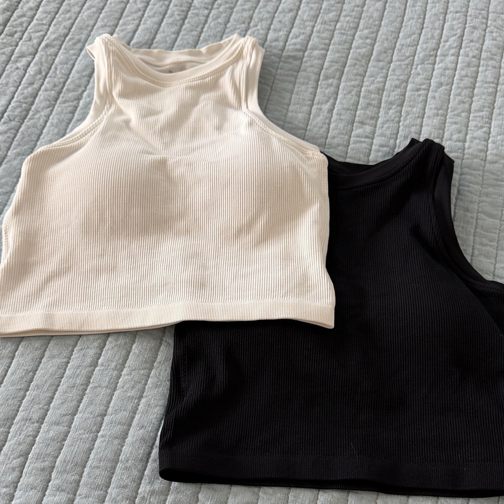 Ribbed High-Neck Sports Crop — Cream & Black